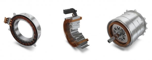 왼쪽부터 하이브리드 모듈, 하이브리드 트랜스미션, 전기차 차축 구동장치용 전기모터. (사진=셰플러코리아)