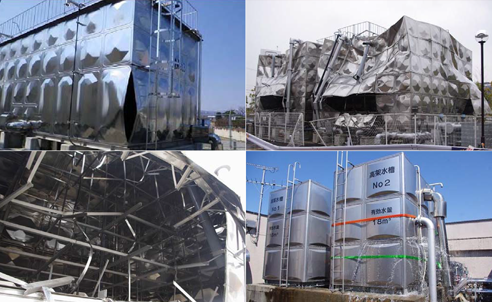 2011년 동일본 대지진 당시 파손된 현지 스테인리스 물탱크