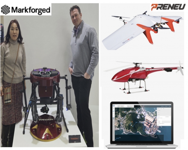 프리뉴(PRENEU)의 다목적 드론시스템 다목적회전익인 PANDION(좌), VTOL 고정익 MILVUS(상), 소형엔진헬기 RUPEL(중), 무인비행시스템과 IOT 융합제어소프트웨어솔루션(하). (사진=마크포지드)