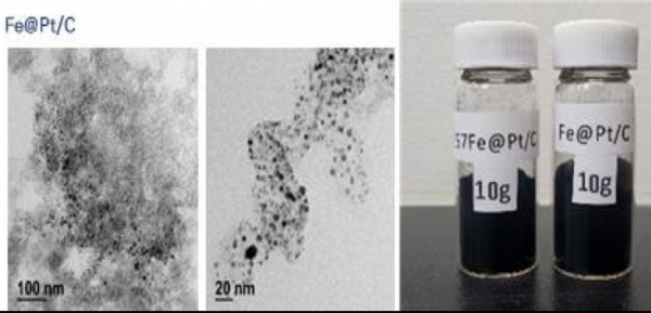 ‘전자선 조사 수소연료전지 촉매소재 투과전자현미경사진과 제조분말 시제품. (사진=원자력연구원)