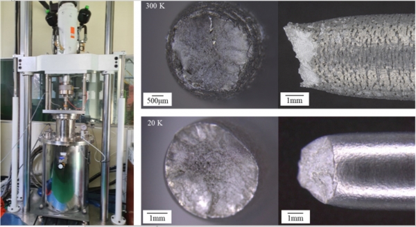 초저온 소재시험평가 설비(좌)와 수소장입된 시험편의 상온 및 초저온 시험 결과(우) 비교. (출처=기계연구원)