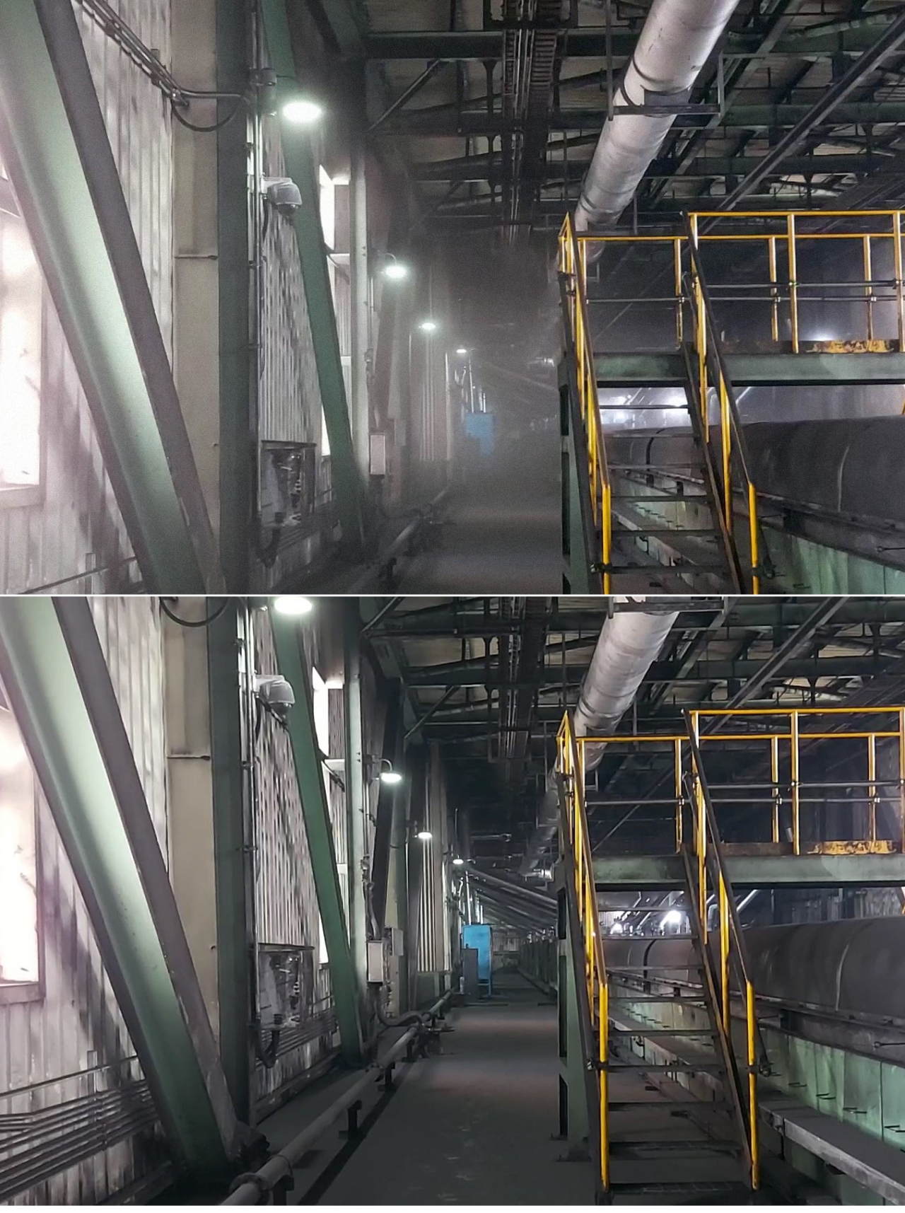 분진환경 개선시스템을 가동한 트리퍼룸 실내공기 전후(5분) 비교 사진.