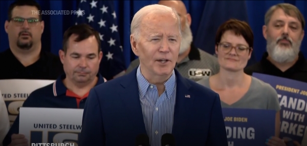 피츠버그에서 전미철강노조원들을 대상으로 연설하는 조 바이든 미국 대통령. (출처=AP연합통신)