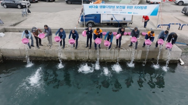 바다숲 조성 기념행사 참석자들이 치어를 바다숲 인근 해역에 방류하고 있다. /포스코