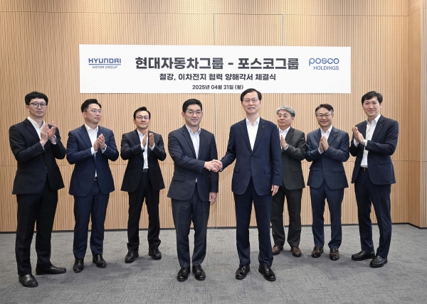 포스코홀딩스와 현대자동차그룹 참석자들이 21일 현대차 강남대로 사옥에서 ‘철강 및 이차전지 분야의 상호 협력을 위한 업무협약서’를 체결했다. 참석자는 왼쪽부터 현대자동차그룹 김현식 소재사업전략실장, 배성환 사업기획실장, 편광현 사업지원1실장, 기획조정본부장 한석원 부사장, 포스코홀딩스 미래전략본부장 이주태 사장, 이성원 에너지소재투자실장, 이원철 철강사업관리실장, 경영전략실 조표훈 상무보. /포스코홀딩스