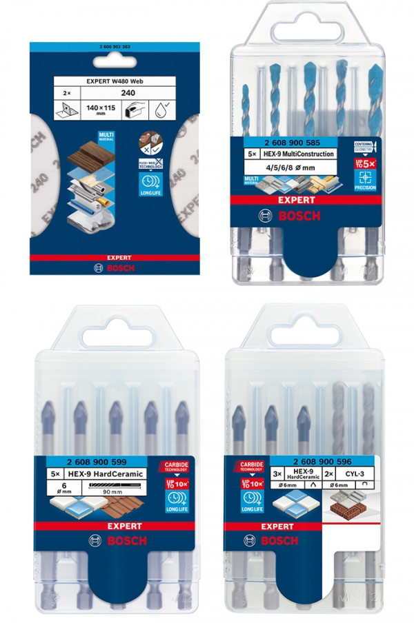 (시계방향으로) EXPERT W480 Web 핸드 샌딩 페이퍼, HEX-9 멀티컨스트럭션 드릴비트 5종 세트, 하드세라믹 & 드릴비트 5종 세트, 하드세라믹 드릴비트 5종 세트. (사진=보쉬 전동공구)