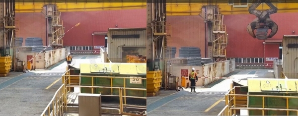 차단기가 열린 모습(왼쪽)과 크레인 이동 감지시 차단기가 작동된 모습(오른쪽). /포스코