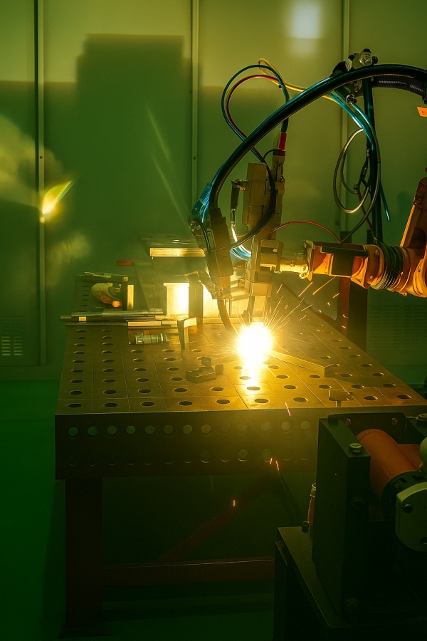 연구팀이 개발한 레어저-아크 하이브리드 용접장비로 용접 중인 모습. (사진=생산기술연구원)