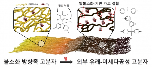 불소화 방향족 고분자의 탈불소화 및 가교 메커니즘 모식도. (출처=한국연구재단)