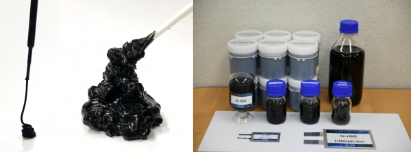 '수(水)계 분산 기술(왼쪽)'을 기반으로 제조된 '리튬이온전지용 실리콘/그래핀 복합 음극재(오른쪽)’. (사진=전기연구원)