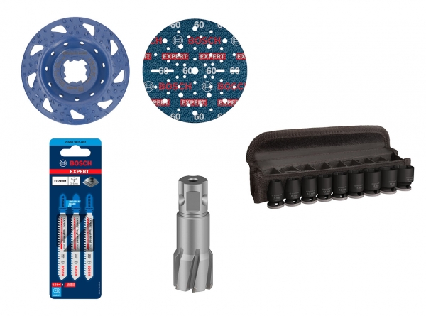 (시계 방향으로) 'EXPERT 카바이드 5인치 X-Lock 연마헤드’, ‘EXPERT O780 포일 샌딩 디스크’, ‘PRO 임팩트 소켓 세트’, ‘PRO Metal TCT 브로치 커터‘, 'EXPERT Tough Metal 직소날’. (사진=보쉬 전동공구)