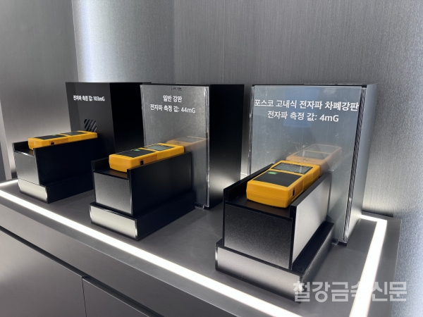 현장 전시에서는 동일 조건에서 자연 상태(103mG, 밀리가우스)와 일반 강판(44mG), 포스코 차폐강판(4mG)로 전자파 수치가 단계적으로 줄어드는 비교가 제시됐다. 관람객이 수치를 직접 확인할 수 있도록 시연 장비가 배치된 형태였다. /철강금속신문