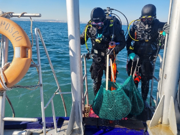 포스코 클린오션 봉사단이 포항 청하면 바닷가에서 환경정화 활동을 하고 있다. 포스코