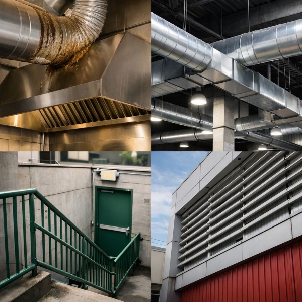 고깃집 주방 천장에 매달린 배기덕트, 옥상과 비상구의 난간 등 일상 공간에 쓰이는 자재들 가운데 상당수는 중국산 저가 도금·도장강판이다. /철강금속신문DB